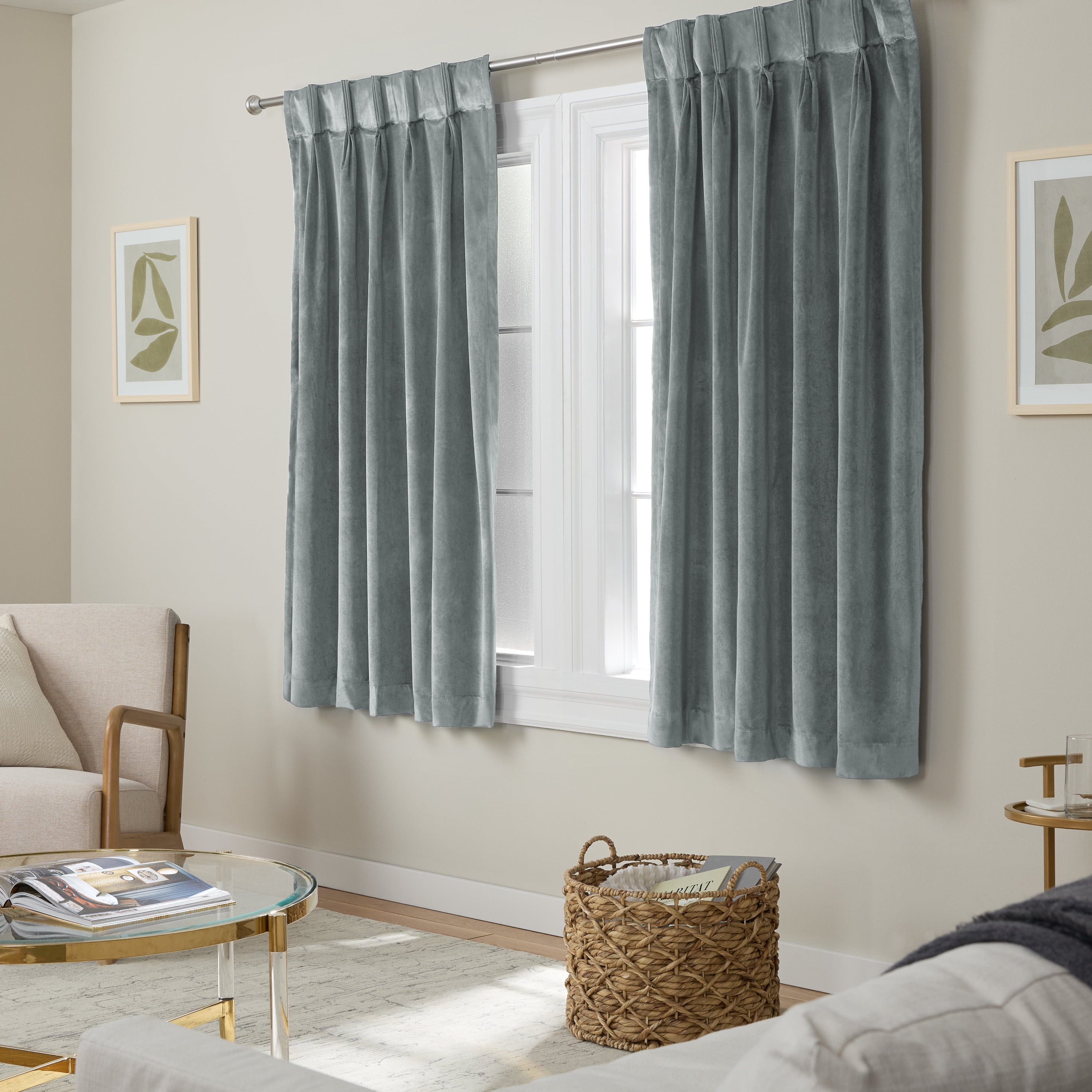 TOWN & COUNTRY LUXE Velour Solid Heavyweight Indoor Curtains, Light Filtering Opacity, Triple Pinch Pleat Top, Plush Velvet, 2-Pack Set, 27"x63", Soft Grey
