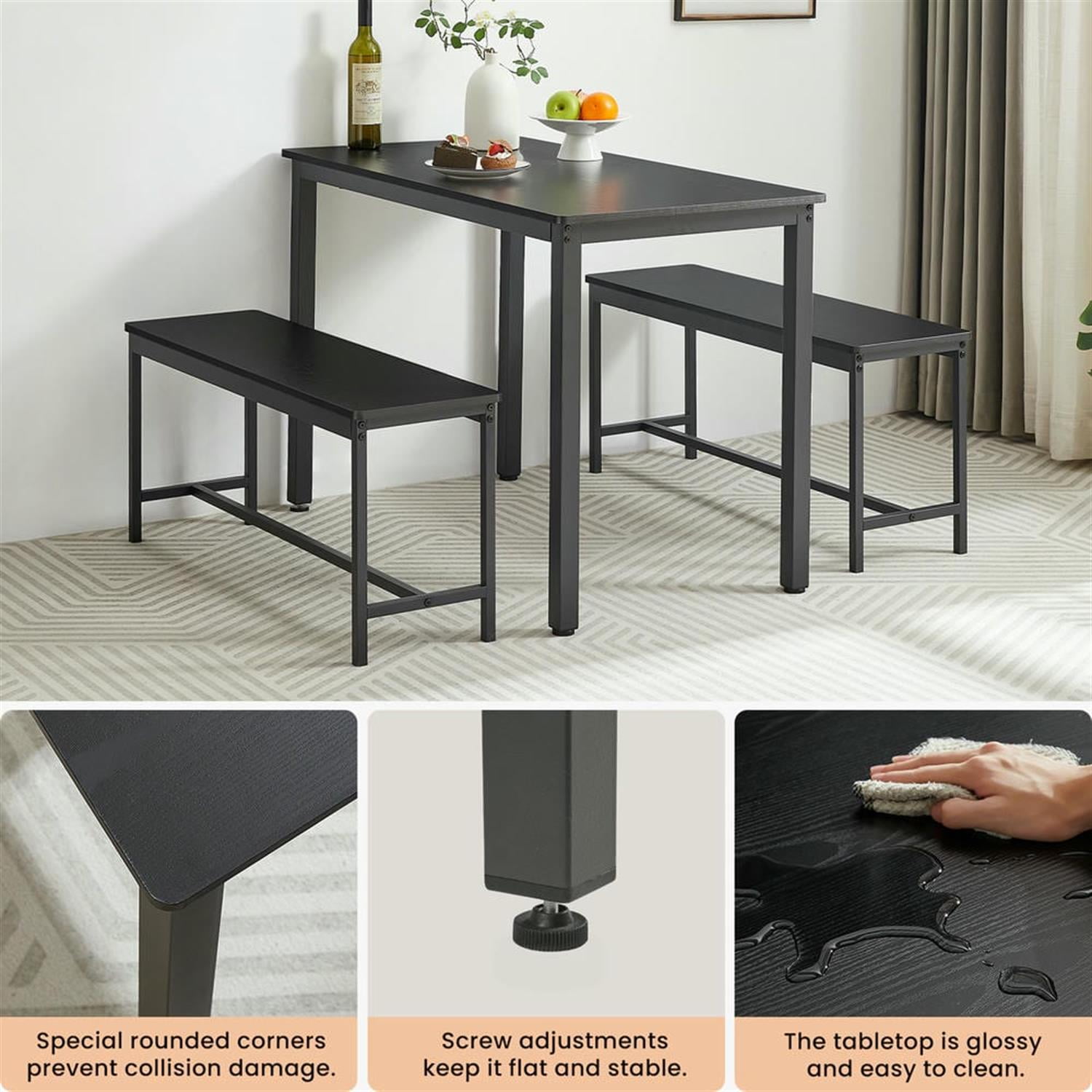 Demi Bonn 3-Piece Dining Table Set with 2 Dining Benches,dustrial Kitchen Bar Table Furniture Sets for Dining Room, Black