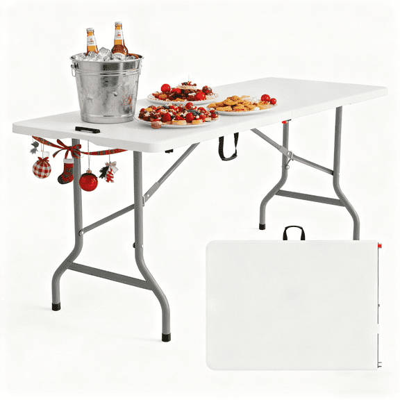 Ktaxon 6 Foot Folding Table, Premium Fold-in-Half Plastic Table, Built-in Carry Handle, Use for Indoor Outdoor Picnic Party Dining Camp, White