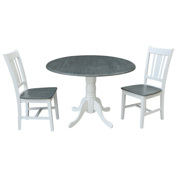 International Concepts Solid Wood 3-Piece Dining Set with 42 in. Dual Drop Leaf Table and 2 San Remo Splat Back Side Chairs in White/Heather Gray