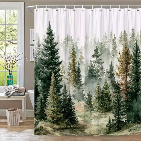 Misty Pine Forest Watercolor Shower Curtain, Woodland Nature Bathroom Curtain