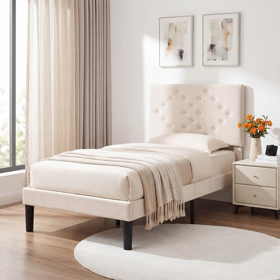 edx Upholstered Twin Bed Frame with Height-Adjustable Headboard and Crystal Buckle Accents, Beige