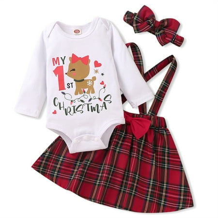 

YJ.GWL Baby Girls Christmas Clothes Set Romper Top Plaid Tutu Skirts Xmas Print Outfits