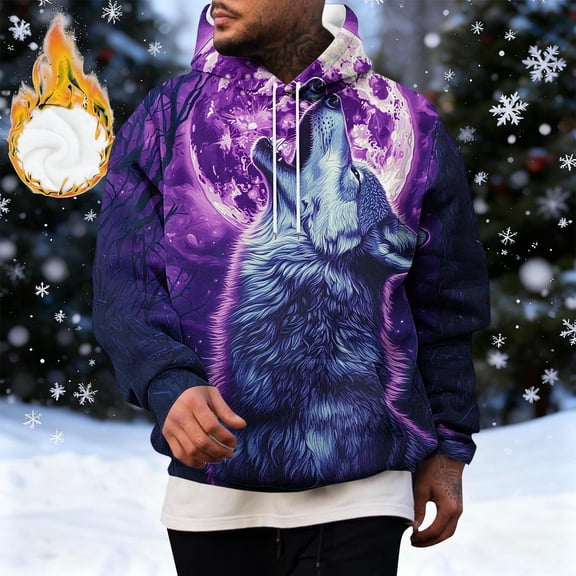 Goodtrade8 Winter Hoodies for Men Hooded Fleece Pullover Sweatshirt Heavyweight Casual Long Sleeve Warm Printed Men Tops