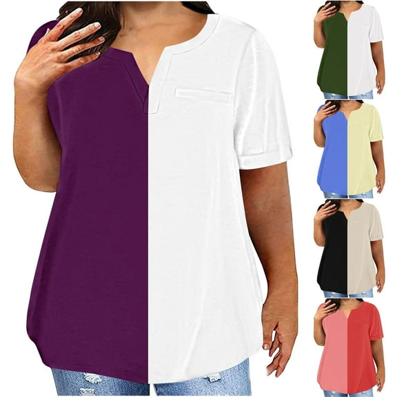 Hot days, bold styles. Olyvenn Womens Plus Size Tops Dressy Casual Summer T Shirts Short Sleeve Color Block Tees V Neck Tunics Top Army Green XXL