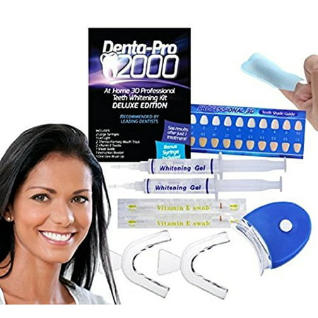DentaPro 2000 3D Teeth Whitening Kit Deluxe Addition Includes LED Light, (2) 5ml Gel Syringes, Custom Moldable Tray (2), Vitamin E Swab (2), Shade Guide See Results After Just One