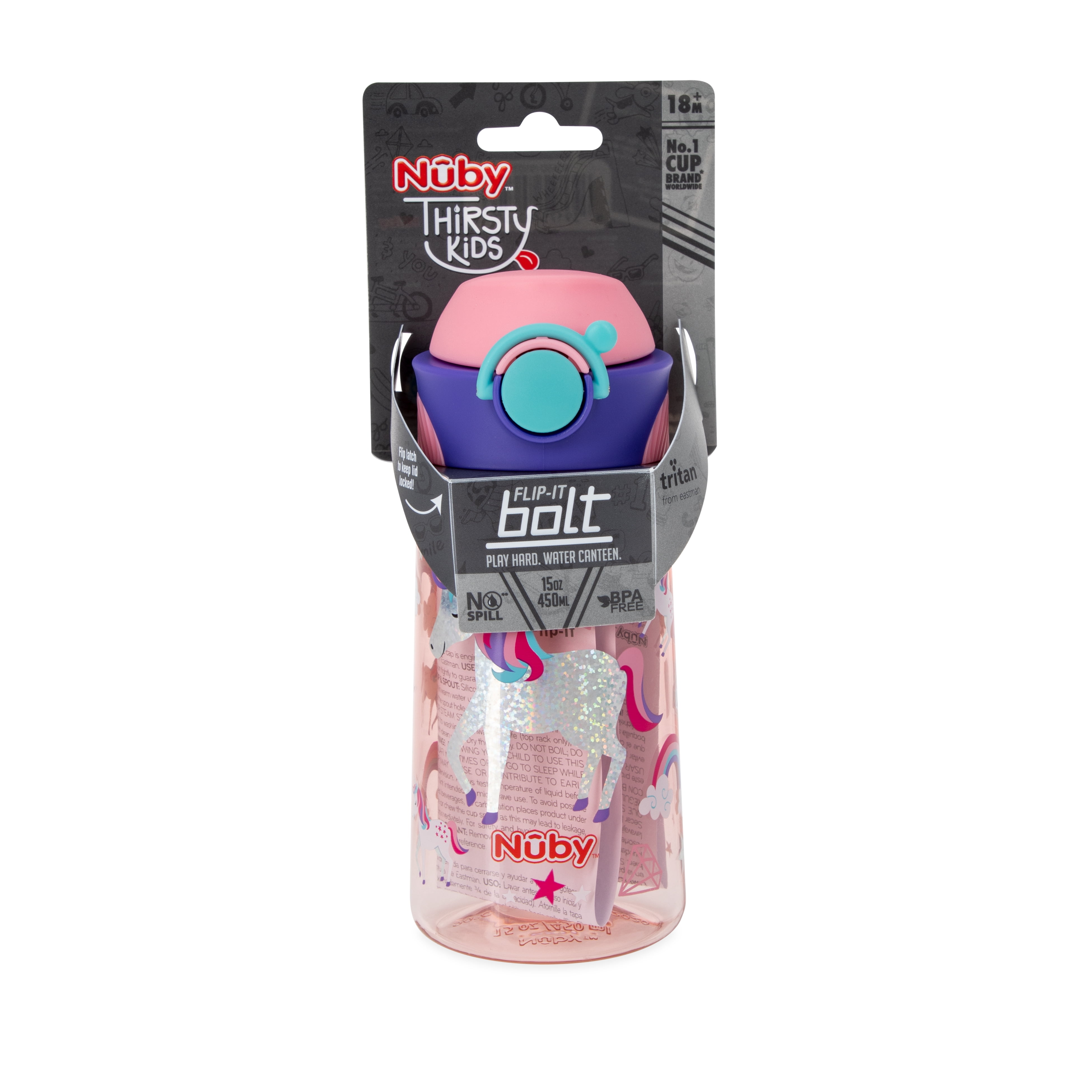 Nuby Thirsty Kids Flip-It Bolt Sport Spout Cup, 15 fl oz, Pink with Unicorns
