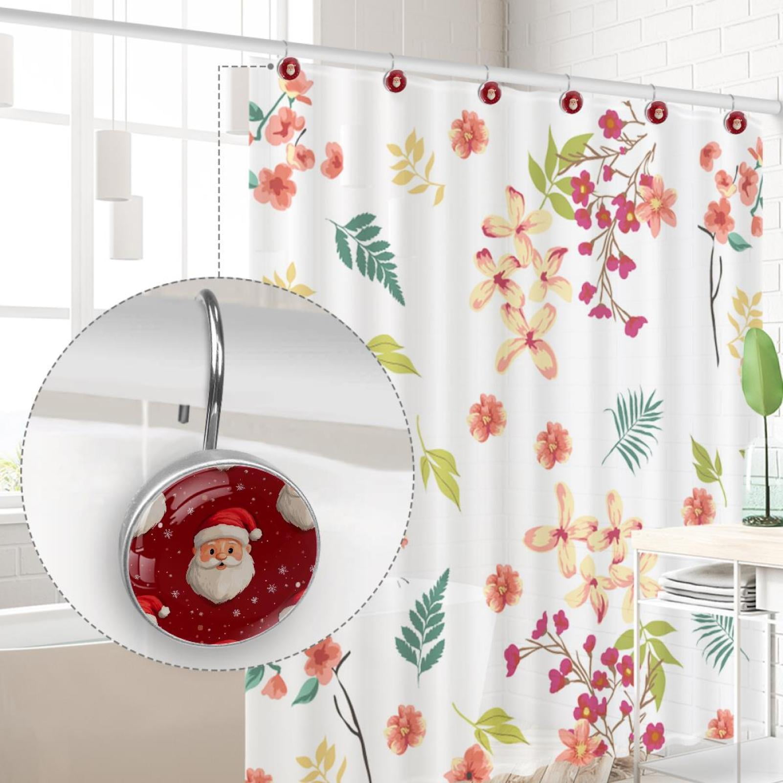Vintage Santa Claus Red Shower Curtain Hooks Round Crystal Glass, Set of 12 Shower Curtain Rings - Shower Hooks for Curtain Shower Rings