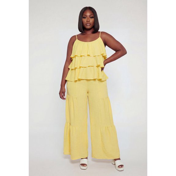 Women's Plus Size High Waisted Crepe Knit Tiered Palazzo Pants