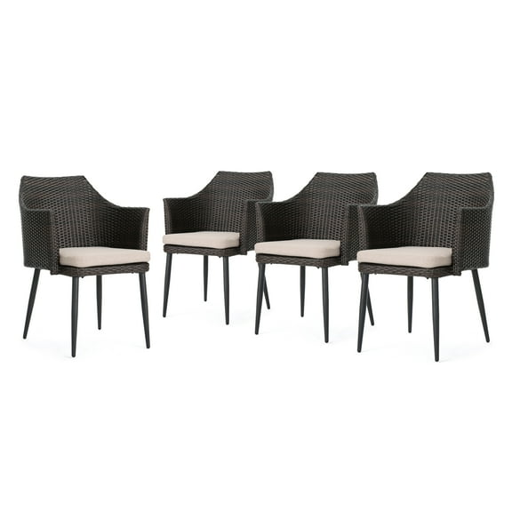 Cyrus Outdoor Wicker Dining Chairs with Cushions, Set of 4, Multibrown, Textured Beige