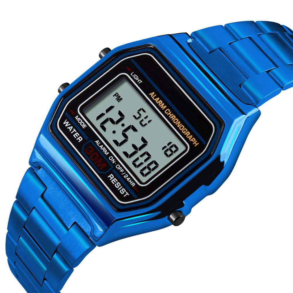 Classic Women's Digital Multifunction Sports Watch Stainless Steel Band Square Waterproof Electronic Led Watch