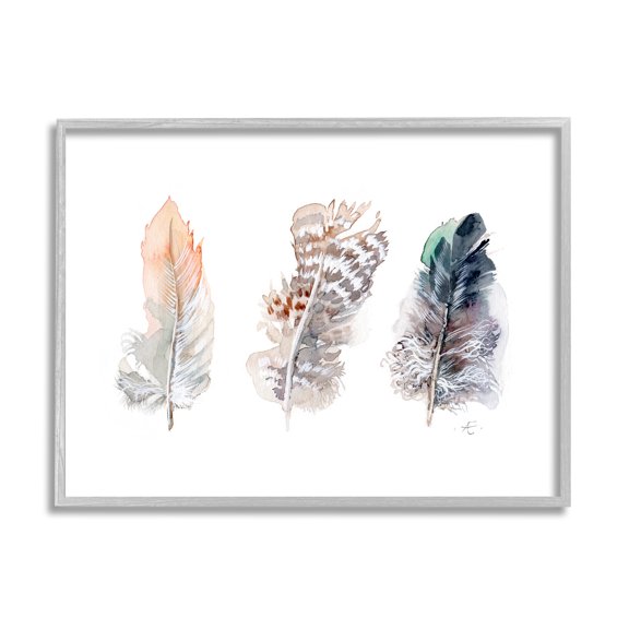 Stupell Industries Trio of Patterned Bird Feathers Animal Watercolor Animals & Insects Painting Gray Framed Art Print Wall Art, 11 x 14