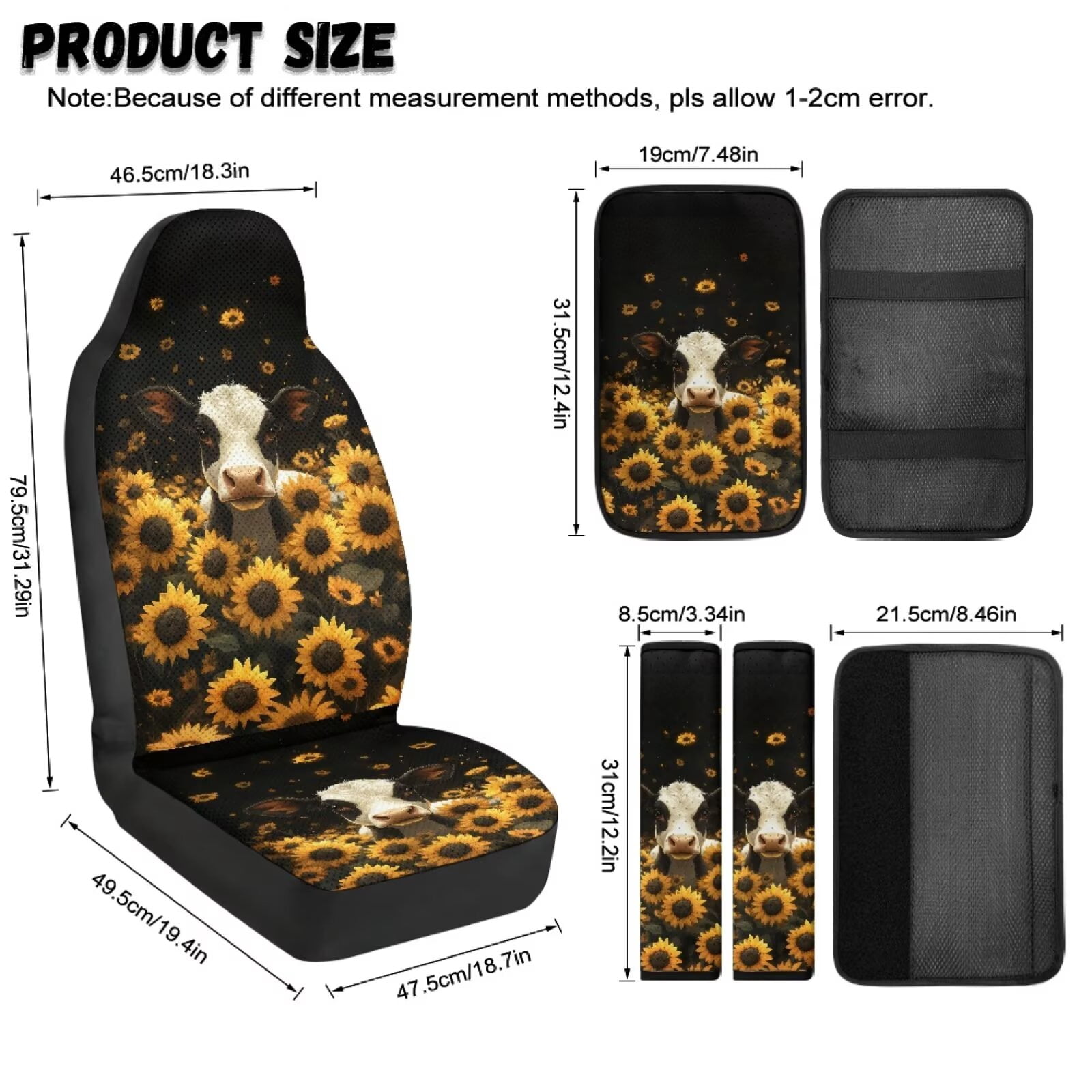Xixirimido 5-Piece Car Seat Cover Set Breathable PU Leather Front Seat Covers with Seat Belt & Console Covers Universal Fit for SUV, Sedan, Truck, Black Cow Sunflower