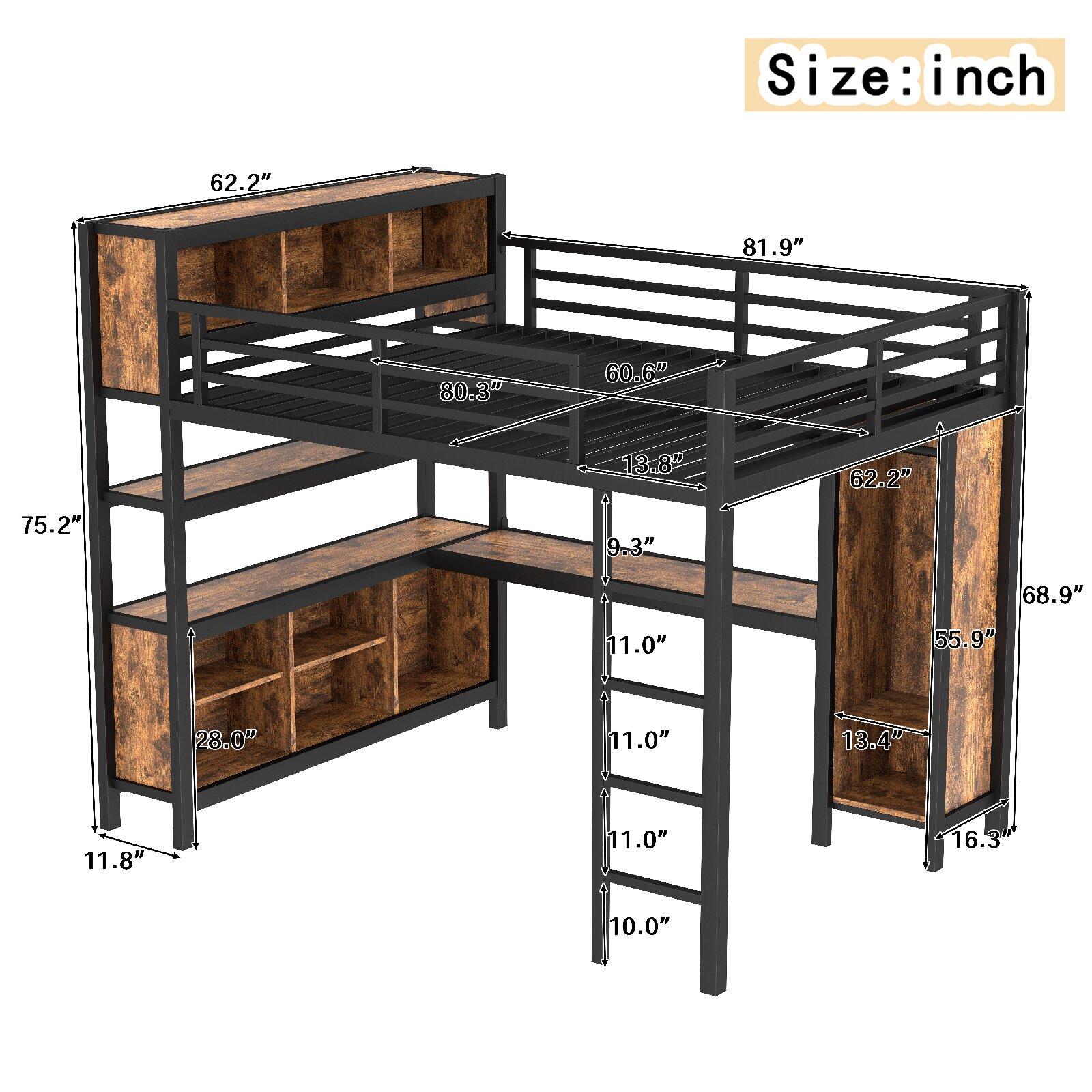 CNMMP Modern Metal Storage Queen Loft Bed with Wardrobe Black Woodgrain