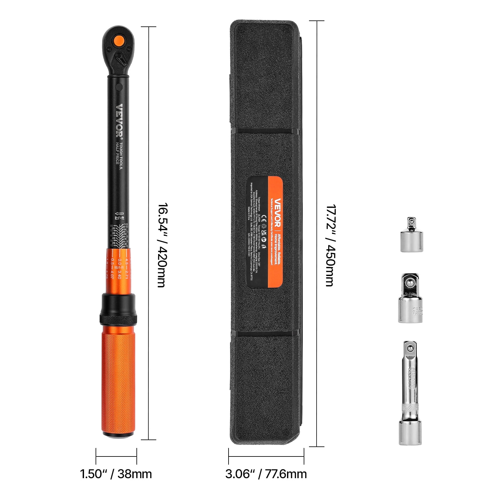 VEVOR Click Torque Wrench, 3/8 Inch Drive, 10-100 lbf-ft / 13.6-135.6 N.m, Dual-direction Torque Wrench with Dual Range Scales,72-tooth,±3% High Precision,with Carrying Case,for Automobile Repair