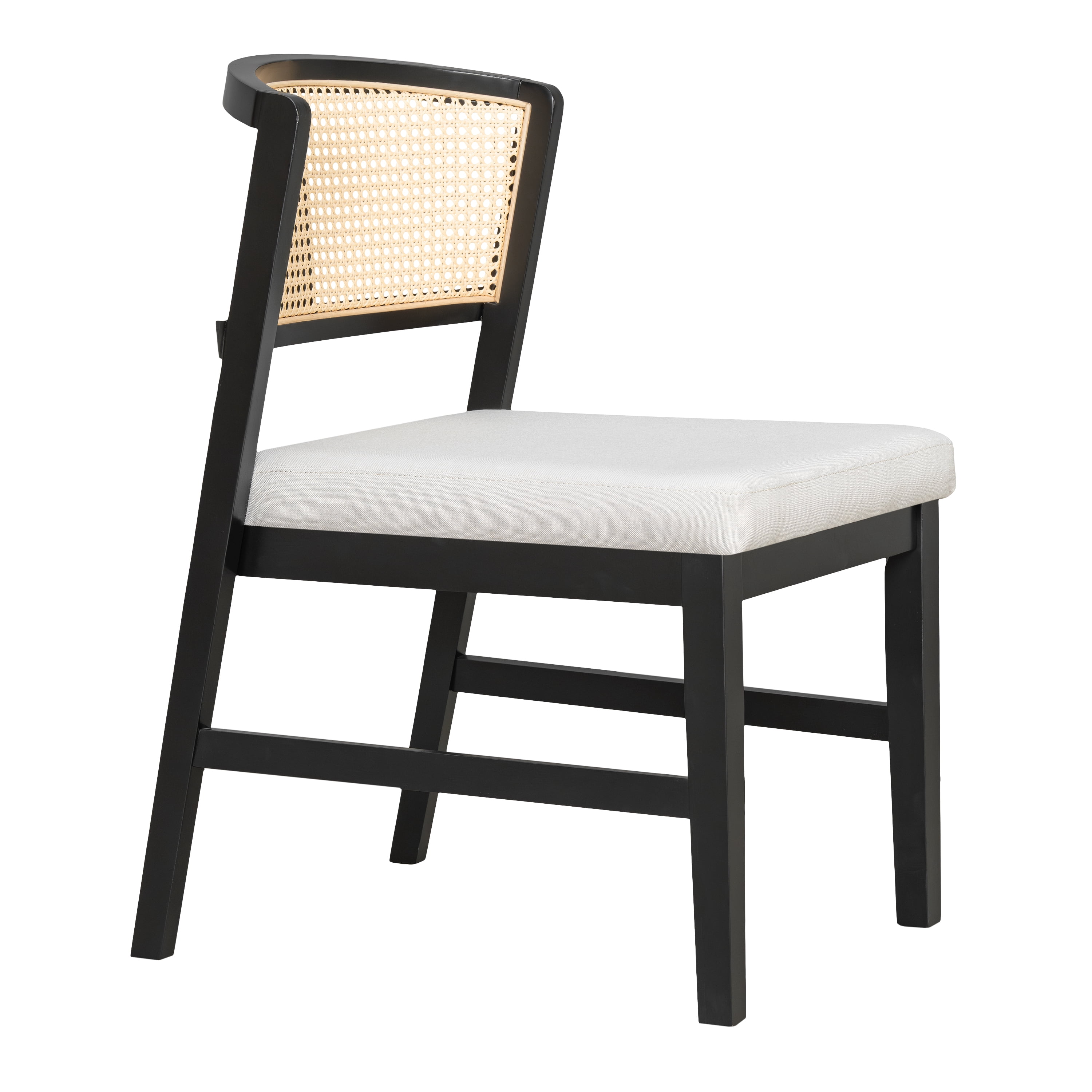 Dining Chair, Set of 2 Rattan Curved Backrest with Black Wood Frame and Beige Upholstered Seat, for Kitchen Dining Room Restaurant
