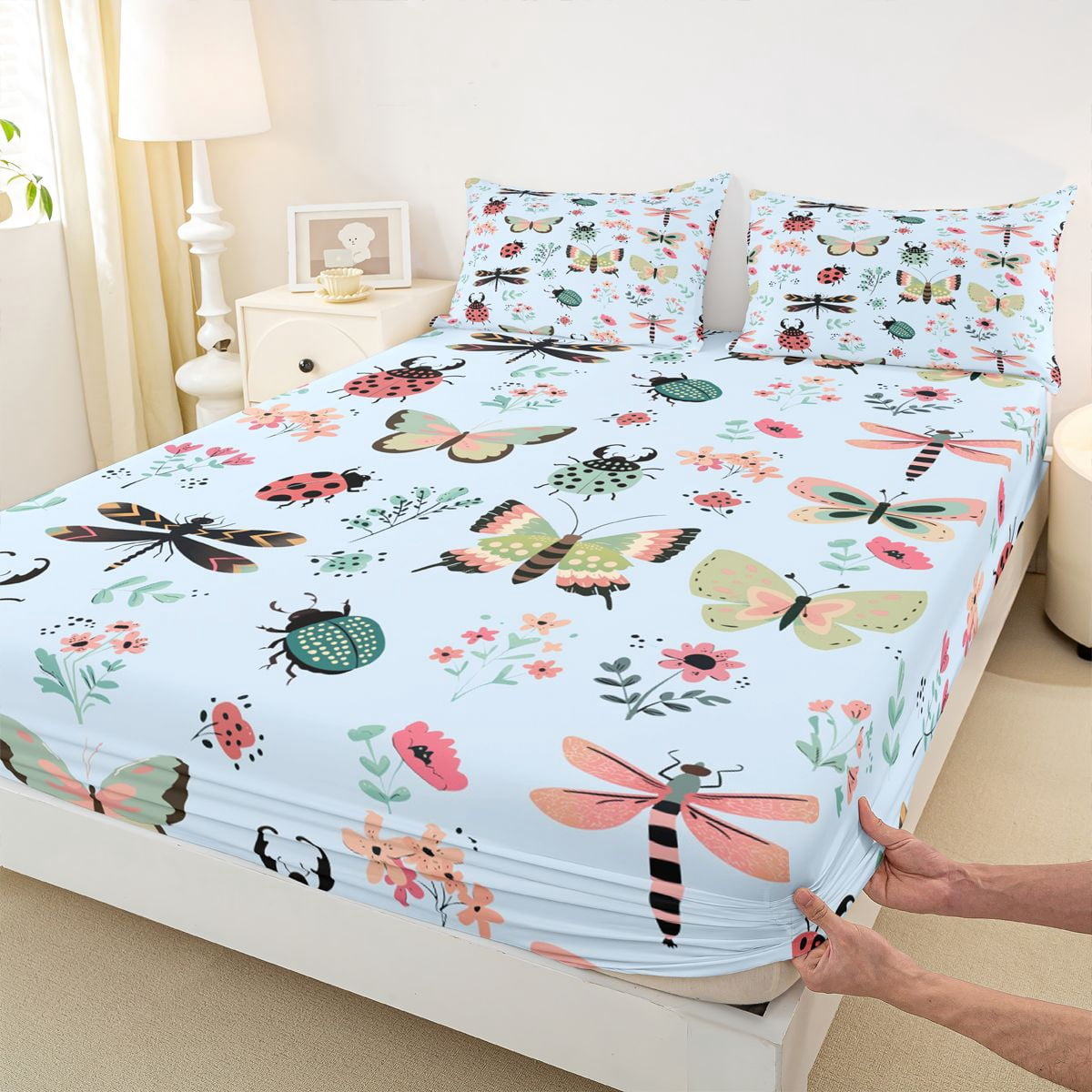 Homewish Kawaii Ladybug Insect Full Size Sheets for Kids, Butterfly Dragonfly Bed Sheets, Blue Cartoon Flower Sheet Sets, Luxury Bedroom Decor, 4-Piece