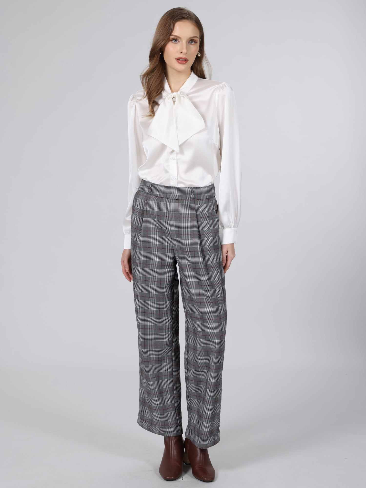 DARING DIVA Women's Plaid Work Pant High Waist Houndstooth Trousers M Black