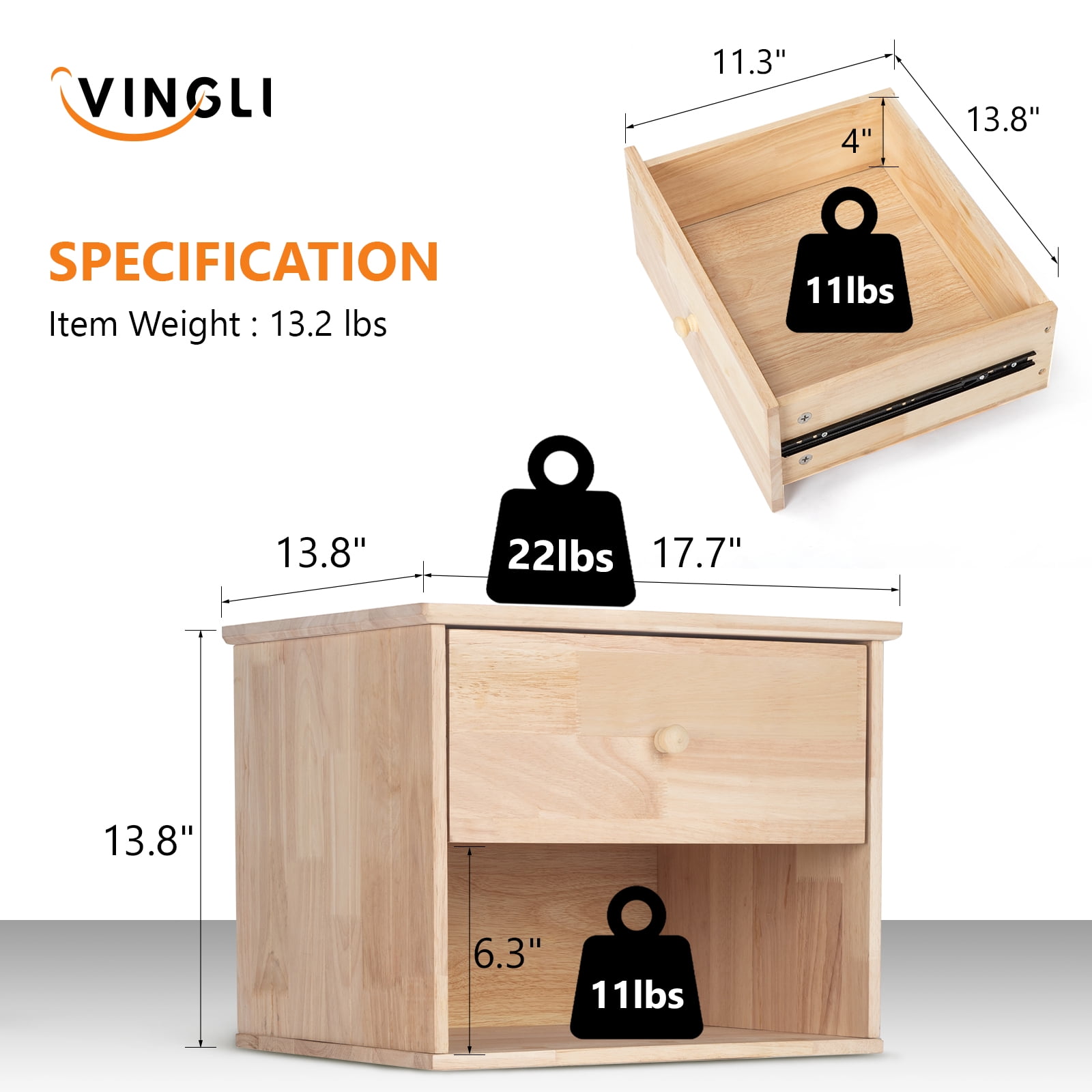 VINGLI Unfinished Natural Solid Wood Farmhouse Floating Nightstand Vintage Wall-Mounted Nightstand/Bedside Table W/ Drawer & Shelf Set of 2