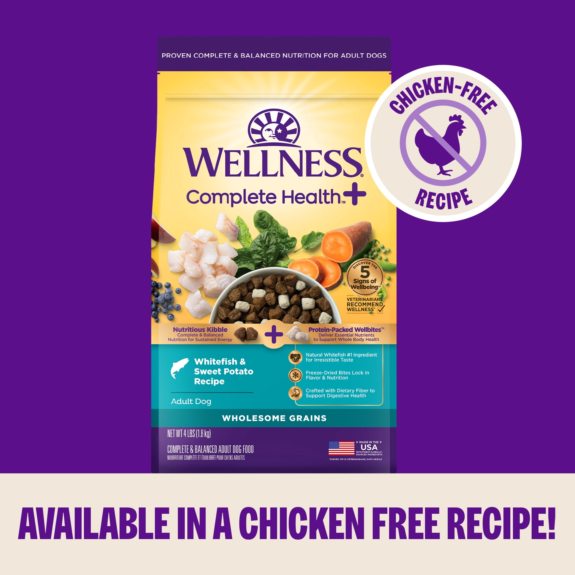 Wellness Complete Health+ Adult Dry Dog Food with Freeze Dried Wellbites, Wholesome Grain Kibble+, Natural, Chicken and Oatmeal Recipe, 20 lb Bag