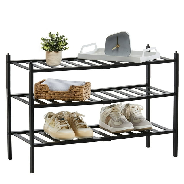 iKayaa 3-Tier Bamboo Shoe Rack Stackable Shoe Shelf Free Standing Storage Organizer for Entryway Hallway Closet Tabletop (Black)