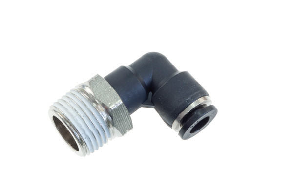 1/4In Vacuum Fitting, Push To Connect, 90 Degree 3/8In Npt Male Black