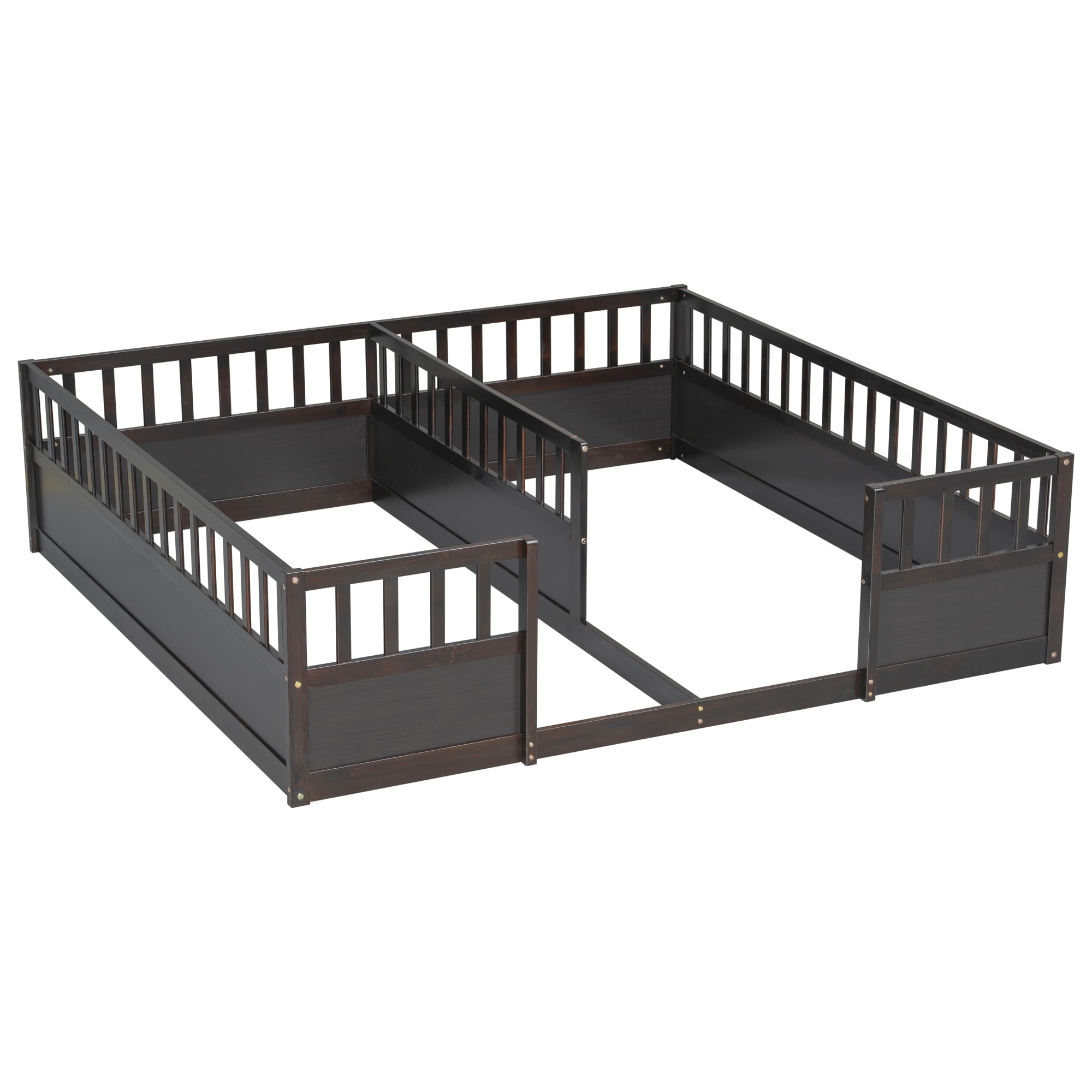 Leumius Double Pine Wood Twin Floor Bed with Semi-Enclosed Safety Guardrails, Open Entrance for Kids Bedroom Espresso