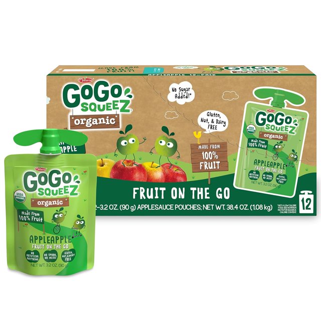 Organic Applesauce and Fruit Puree, Variety Pack, Apple, Strawberry & Banana, 3.2 oz (Pack of 12), Unsweetened Organic Fruit Snacks for Kids, No Gluten, Nut & Dairy, BPA Free Pouches