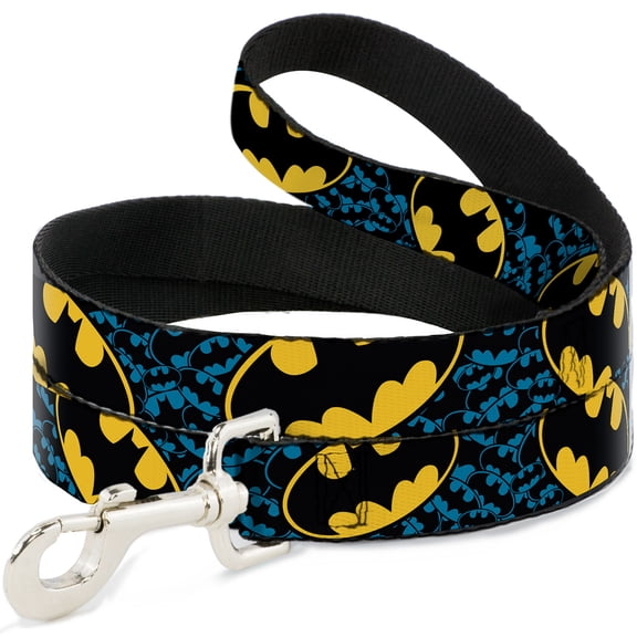 DC Comics Pet Leash, Dog Leash, Bat Signals Stacked Close Up Blue Black Yellow, 4 Feet Long 1.0 Inch Wide