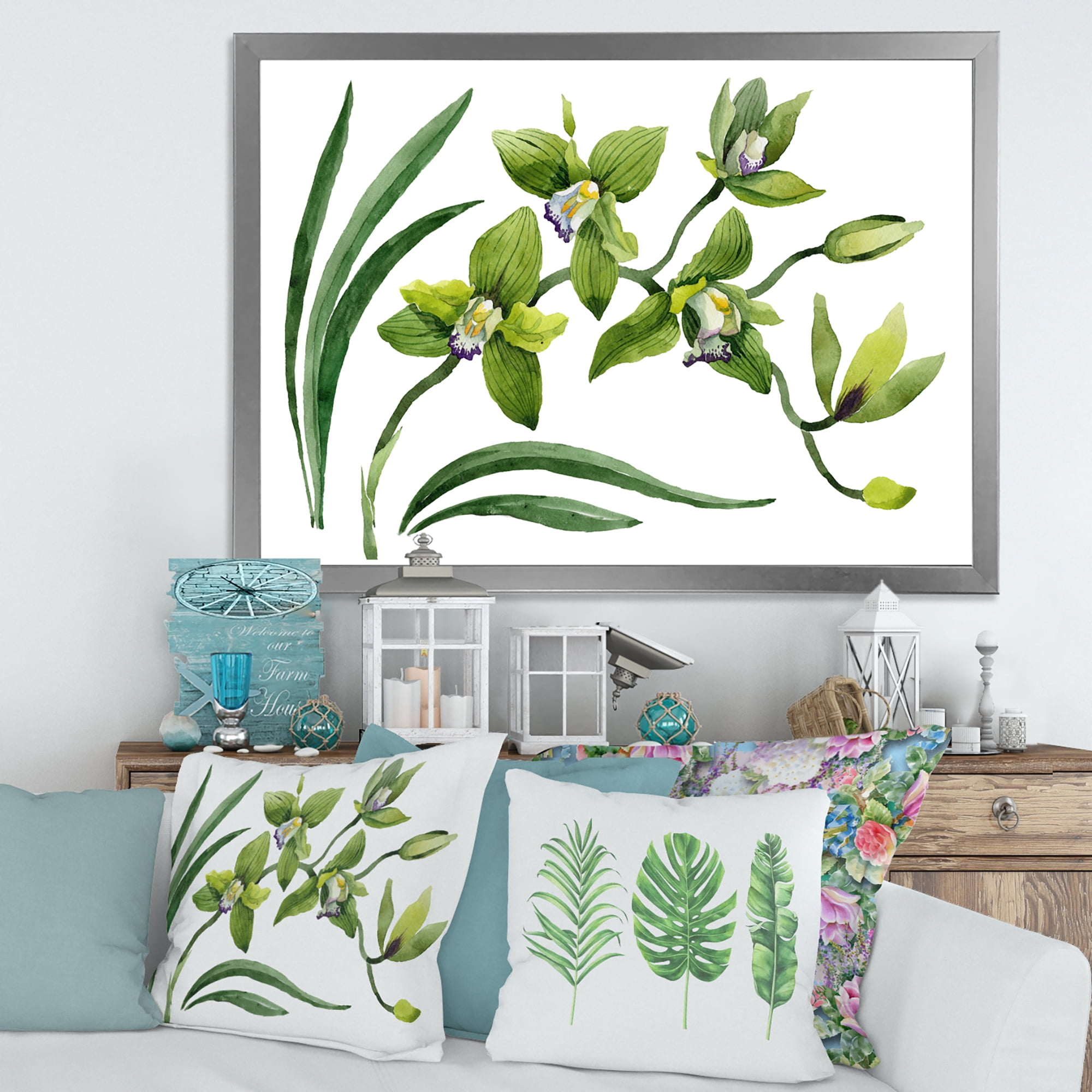 Designart 'Green Orchid Flowers On White' Traditional Framed Art Print
