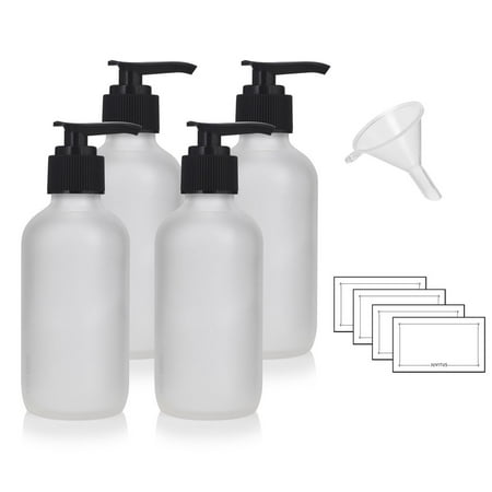 Download 4 oz Frosted Clear Glass Boston Round Bottle with Black Lotion Pump (4 Pack) + Funnel and Labels ...