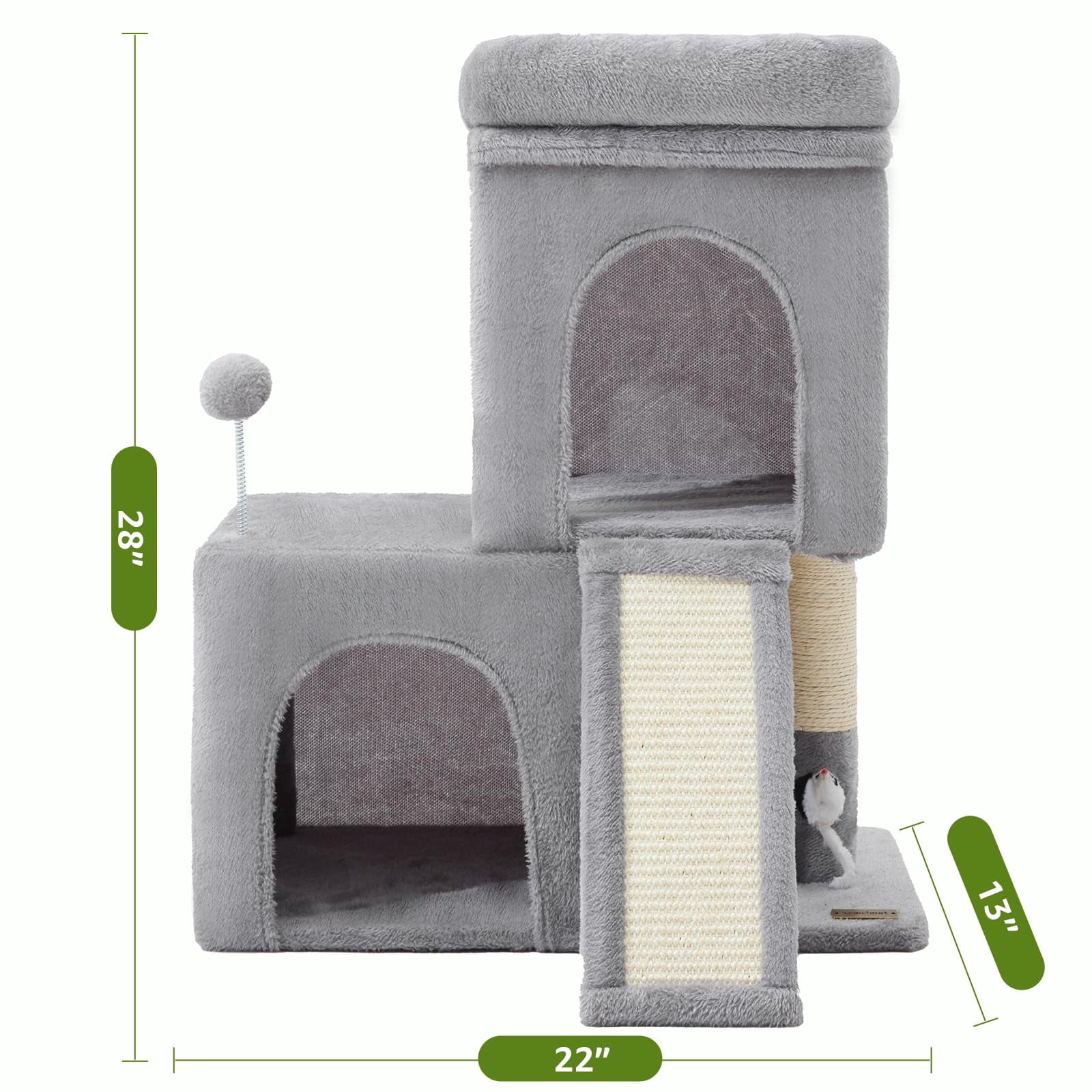24inch Tall Cat Tree With 2 Condo And Mouse Cozy Small Tower Board For Kitties Cats.(light Grey) (22 * 13 28)