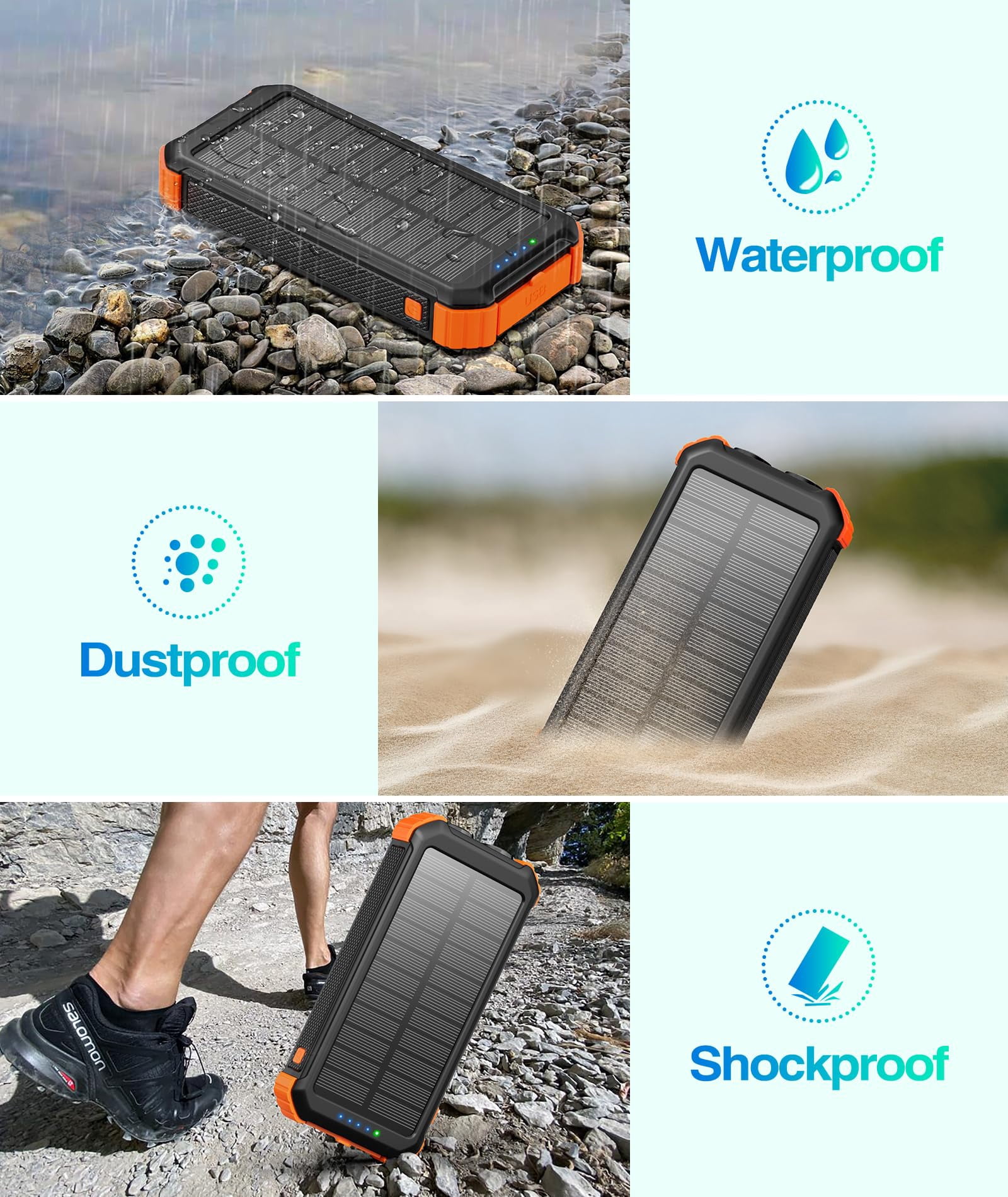 45800mAh Solar Power Bank, Portable Charger with USB-C Input/Output, 5V/3.1A QC 3.0 Fast Charging, Compatible with iPhone, Samsung, Google, and More