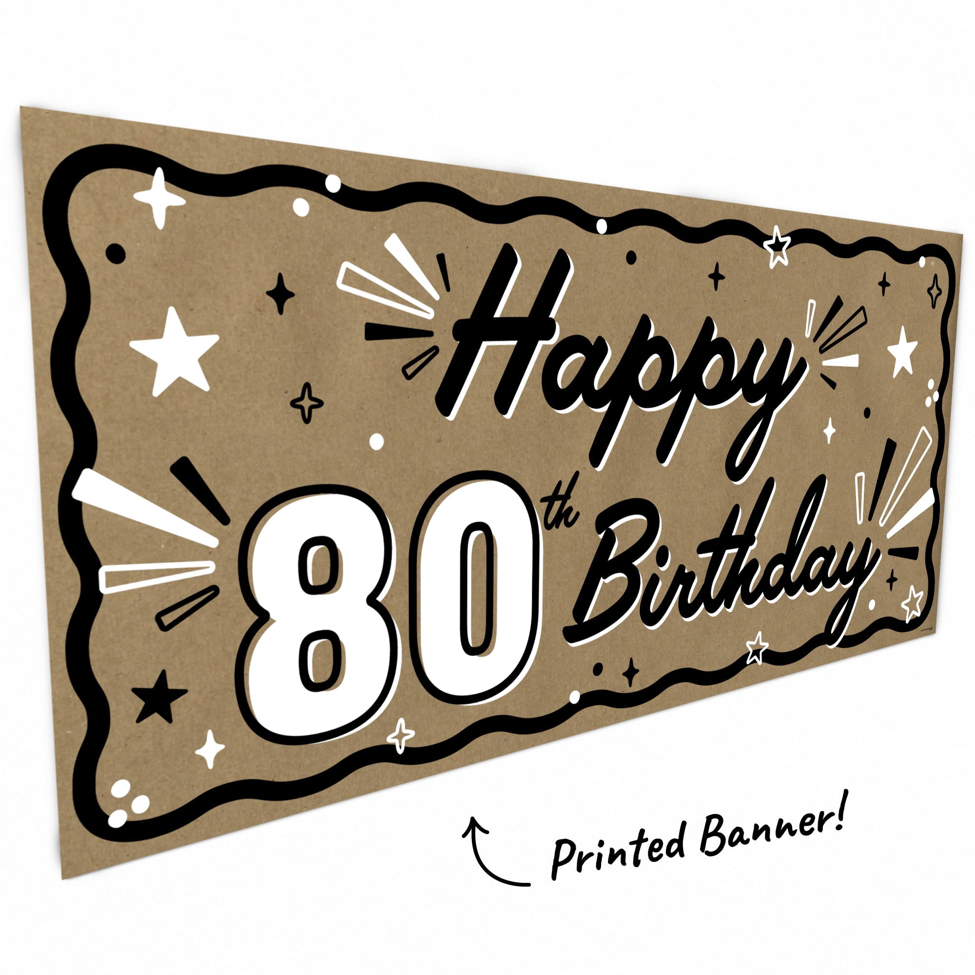 Big Dot of Happiness 80th Birthday Kraft Paper Banner, Black & White Happy Birthday Banner, Printed Brown Paper Party Sign Decoration – 1 Count
