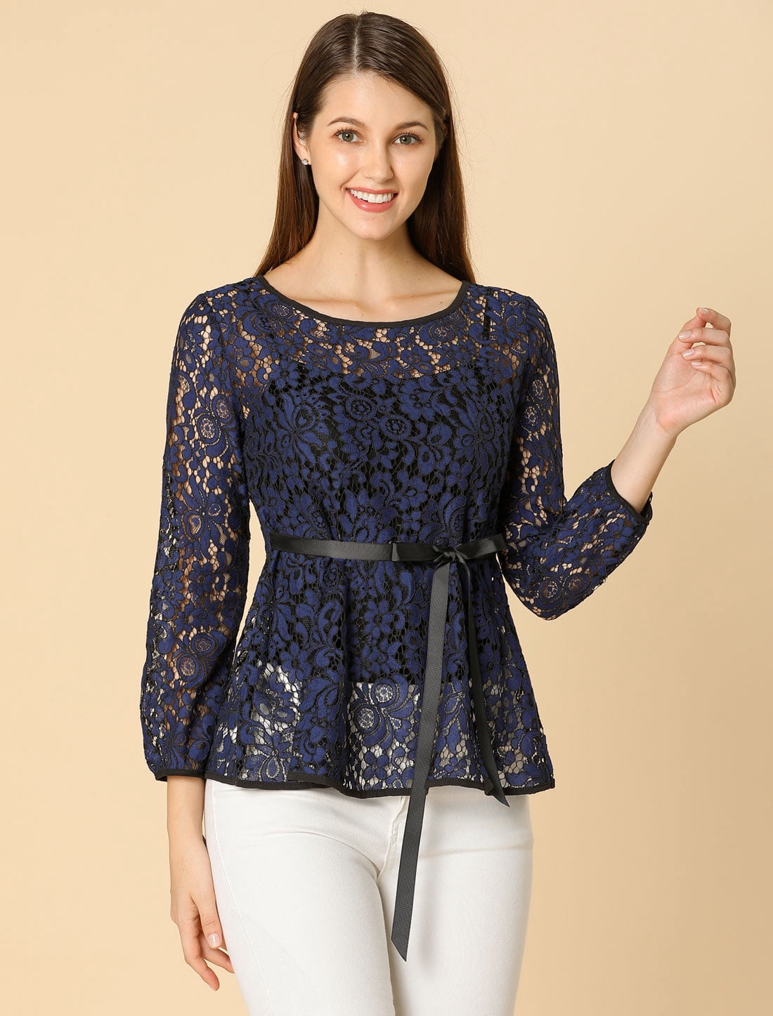 DARING DIVA Long Sleeve Semi Sheer Peplum Top 3XL Dark Blue