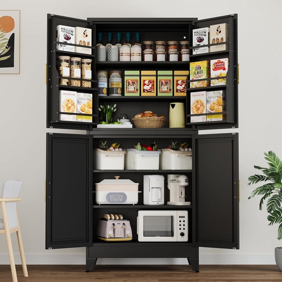 75" H Metal Storage Cabinet, Pantry with 6 Door Shelves and 4 Adjustable Shelves, Leveling Foot for Kitchen, Living Room and Dinning Room, Black