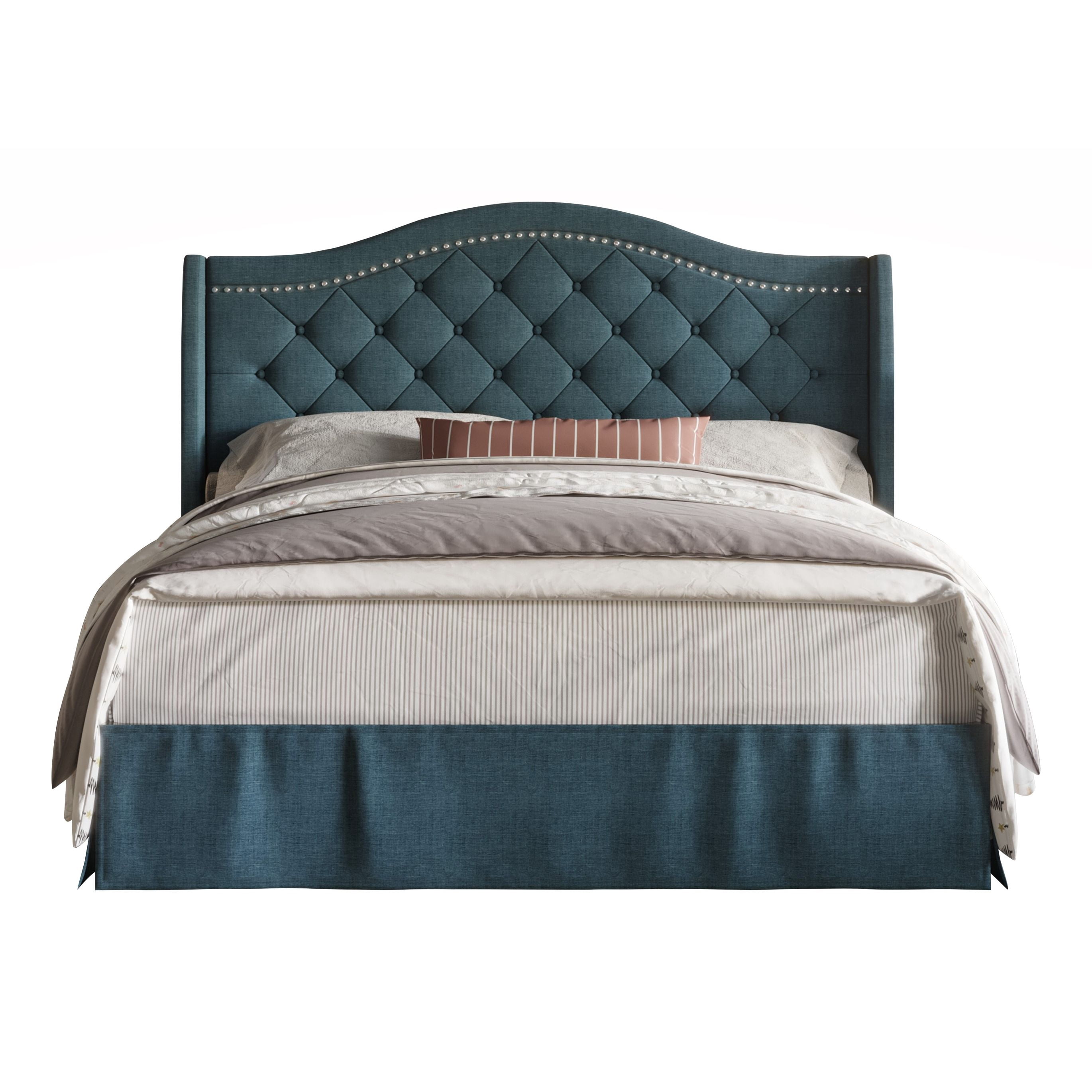 Home Design Eleanor King Upholstered Platform Bed Frame with Nailhead Trim, Button Tufted Camelback Wingback Headboard, Denim Blue – Easy Assembly