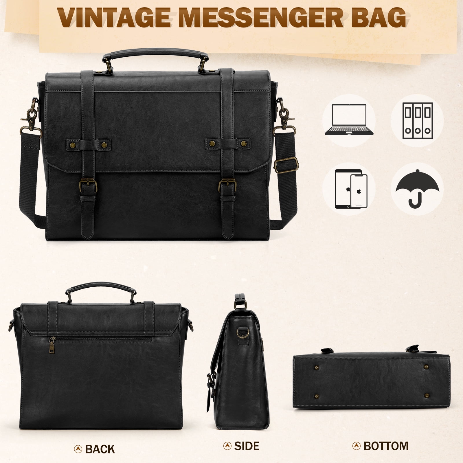 RAINSMORE Mens Messenger Bag 17 Inch Waterproof Vintage Leather Laptop Briefcase Satchel Bag Computer Shoulder Bag Large Laptop Bag for Office Business Travel College,Black