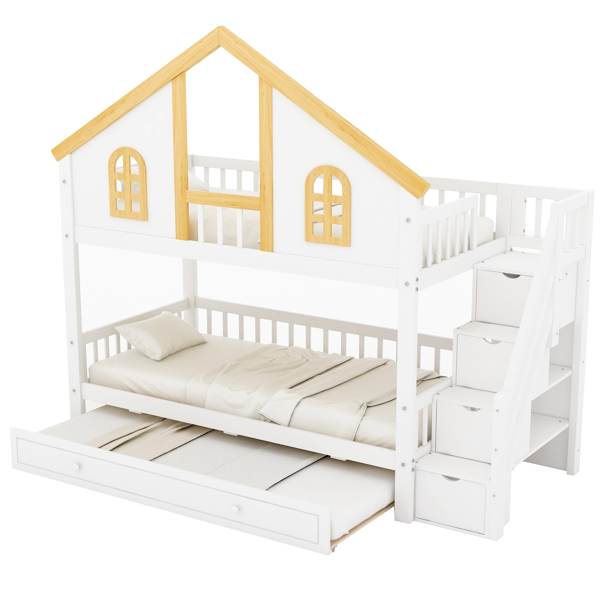 Euroco Wood Twin over Twin Bunk Bed with Trundle, House Bed with Storage Staircase, White