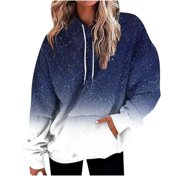 Women's Long Sleeve Sweatshirts with Hood Fashion Glittery Gradient Color Pockets Pullover Drawstring Plus Size Hoodies(Dark Blue,XXXL)