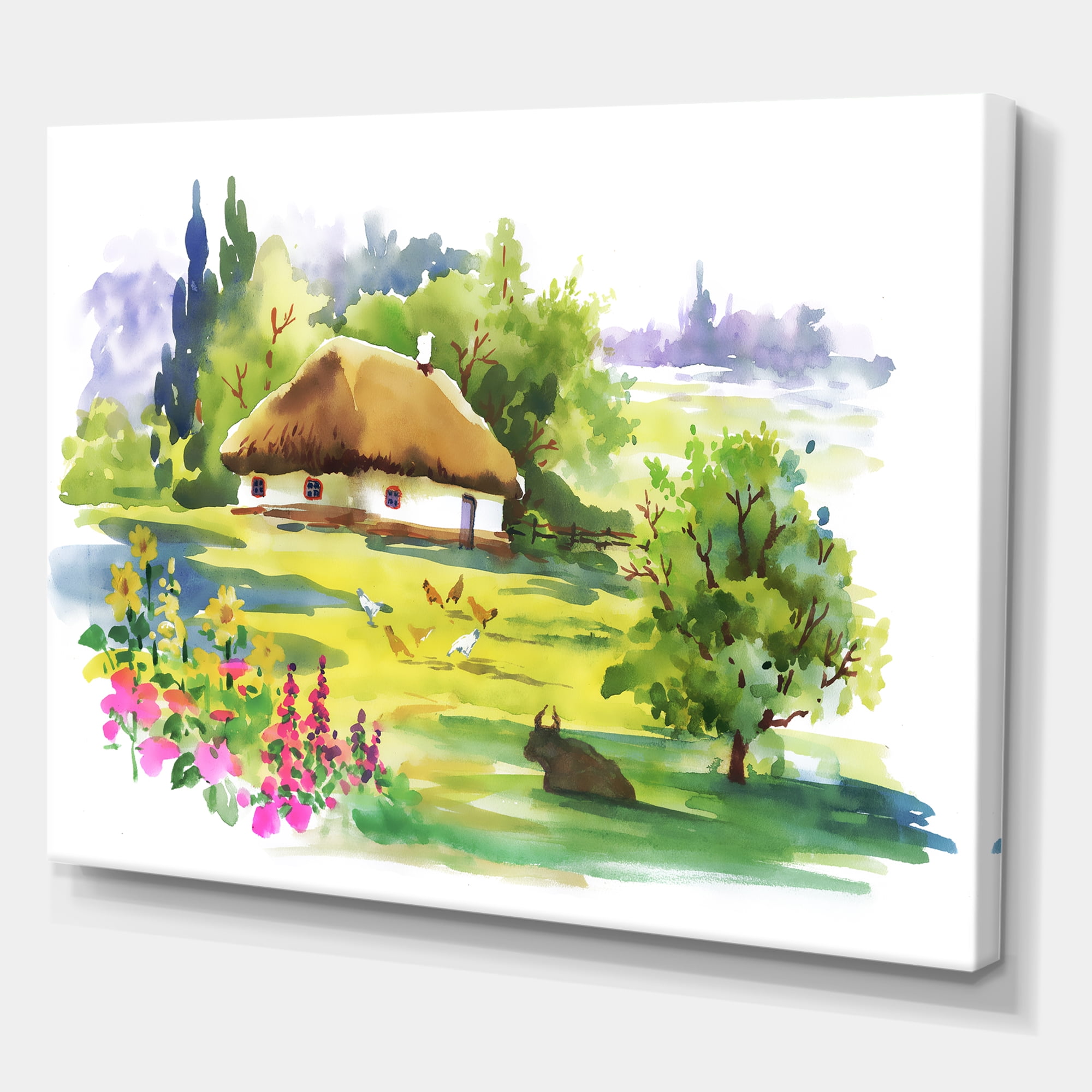Designart ' Blossoming Greenlands And A Rural House ' Traditional Canvas Wall Art Print