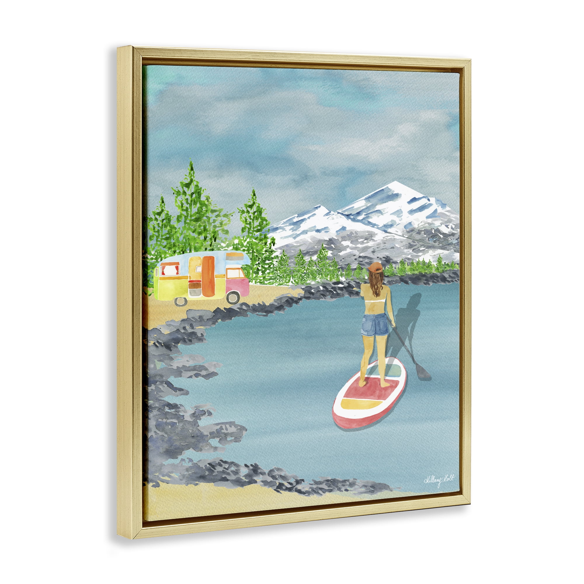 Stupell Industries Lake Tahoe Paddle Boarding Gold Framed Floater Canvas Wall Art, design by Hillary Holt