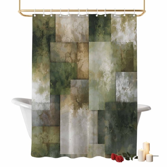 Olive Green Squares Bathroom Shower Curtains with Hooks, Abstract Sage Green Blocks Industrial Ink Bleeds Waterproof Fabric Washable Shower Curtain for Home Hotel Bathtub Decor 72x72 Inch