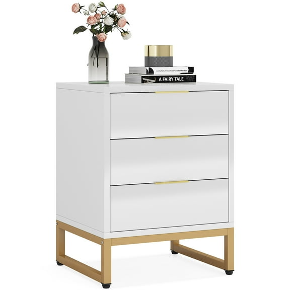 Resenkos 3 Drawers Nightstand, Modern Bedside Table with Metal Frame, Side End Table for Bedroom Living Room, White and Gold