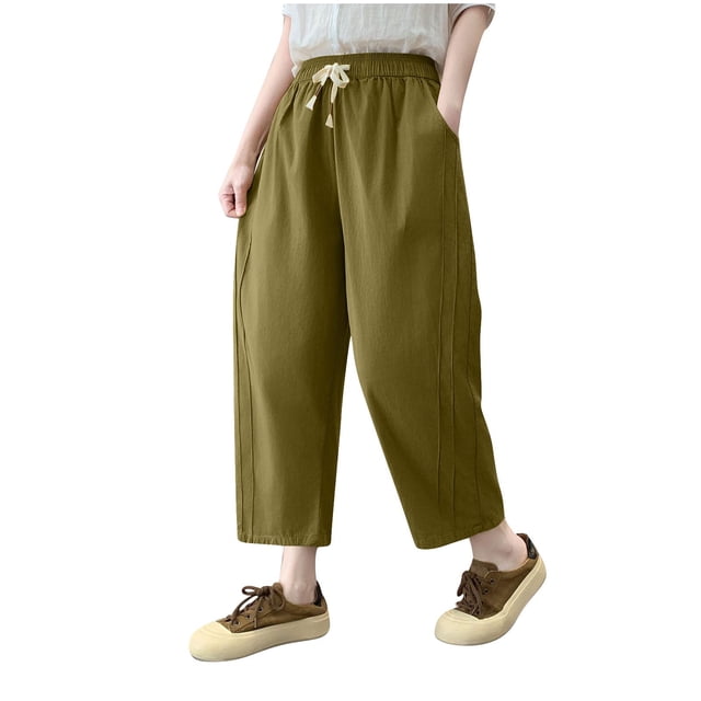 Plebaso Women's Pants Elastic Waist Drawstring Casual Pants Solid Color Pocket Ankle Pants Size XL-3XL