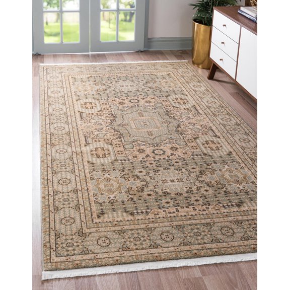 Rugs.com Amina Collection Rug – 6' x 9' Light Green Flatweave Rug Perfect For Living Rooms, Large Dining Rooms, Open Floorplans