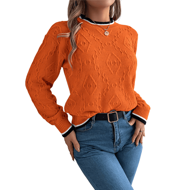 Suéteres para Mujer con Ribete de Rayas y Hombros Caídos Color Naranja S