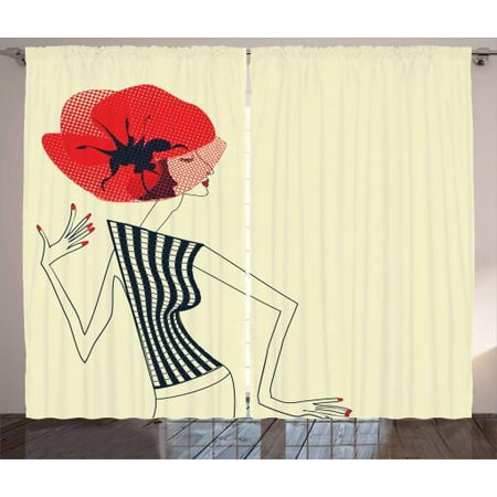 Vintage Woman Curtains 2 Panels Set Retro Girl With Poppy Flower