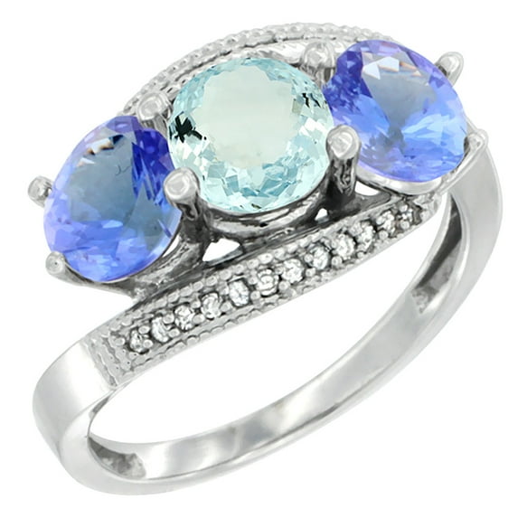 10K White Gold Natural Aquamarine & Tanzanite Sides 3 stone Ring Round 6mm Diamond Accent, size 5