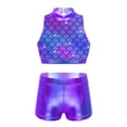 thumbnail image 2 of DPOIS Girls Kids Jazz Hip Hop Dancewear Shiny Sequins Crop Top Shorts Set Purple Fish Scales 8, 2 of 7